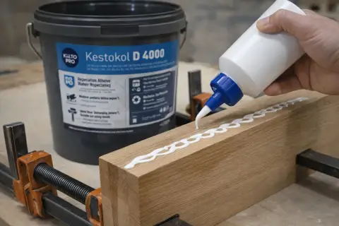 Nakładanie kleju do drewna wodoodpornego Kestokol D 4000 na drewniany element.