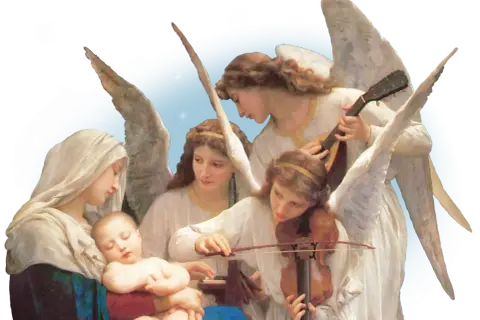 Anioł Gabriel i inni aniołowie grają muzykę dla śpiącego Dzieciątka Jezus i Maryi.