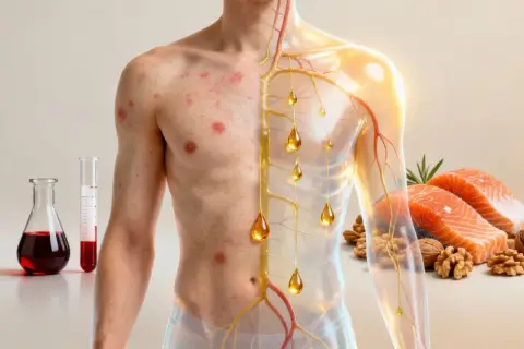 Hautprobleme und Nervenbahnen mit Öltröpfchen, daneben Fisch und Nüsse. Mögliche Omega 3 mangel symptome.