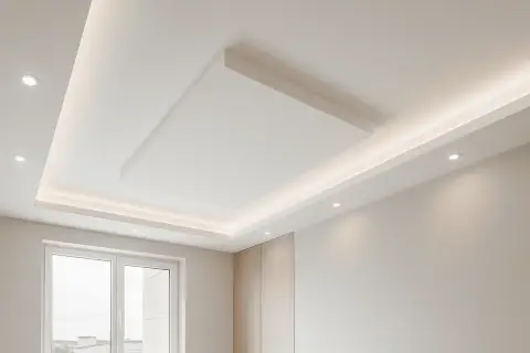Soffitto moderno in cartongesso con illuminazione integrata. Si nota un controsoffitto con un pannello centrale, che suggerisce un'attenzione al **spessore minimo cartongesso soffitto** per un design pulito.