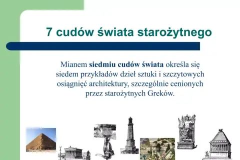Ilustracja przedstawia piramidę, świątynię, posąg Zeusa i inne budowle, które są częścią 7 cudów świata starożytnego.