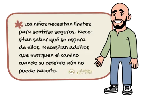 Un hombre calvo con barba sonríe mientras un texto explica que los niños necesitan límites para sentirse seguros y que los adultos marquen el camino.