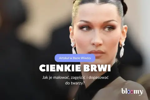 Bella Hadid z subtelnym makijażem, podkreślającym jej cienkie brwi. Artykuł podpowiada, jak je malować i dopasować do twarzy.