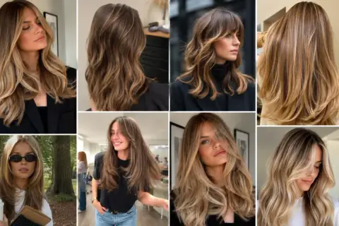 Kobiety z fryzurami w stylu baleyage blond, z subtelnymi refleksami i warstwowym cięciem.