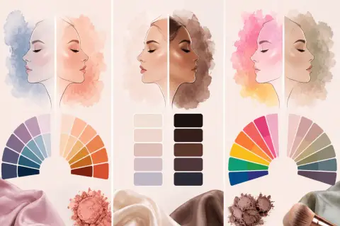 Ilustraciones de perfiles de mujeres con paletas de colores y telas, parte de un estudio de colorimetría.