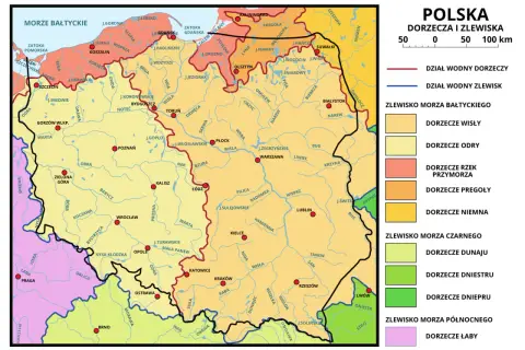 Mapa Polski z zaznaczonymi zlewiskiem Morza Czarnego, dorzeczami Dunaju, Dniestru i Dniepru.