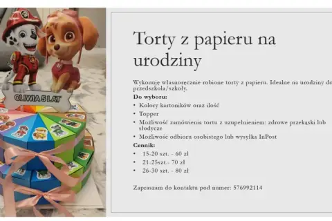 Dwupoziomowy tort z papieru z postaciami z Psiego Patrolu i napisem "Oliwia 5 lat".