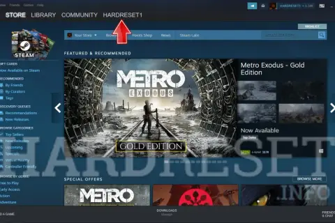Jak sprawdzić kod URL Steam? Na zrzucie ekranu widać okno aplikacji Steam z podświetloną nazwą użytkownika "HARDRESET1" na górnym pasku.