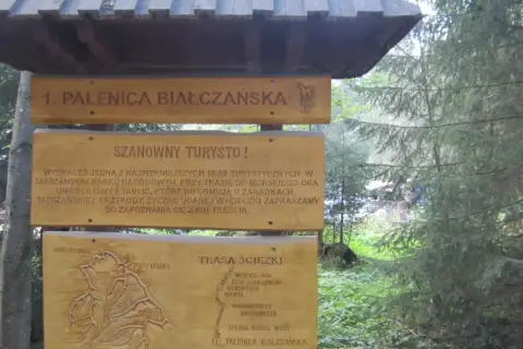 Drewniana tablica informacyjna przy trasie do Wodogrzmotów Mickiewicza. Opisuje szlak i atrakcje Tatrzańskiego Parku Narodowego.