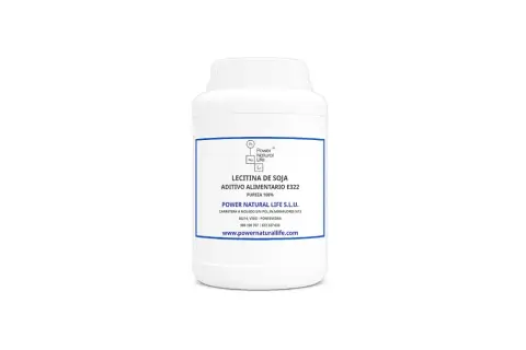 Bote blanco con etiqueta azul. Contiene lecitina de soja, aditivo alimentario E322, 100% pura. Descubre sus propiedades.