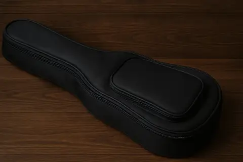 Elegancki, czarny pokrowiec na ukulele koncertowe, gotowy do podróży.