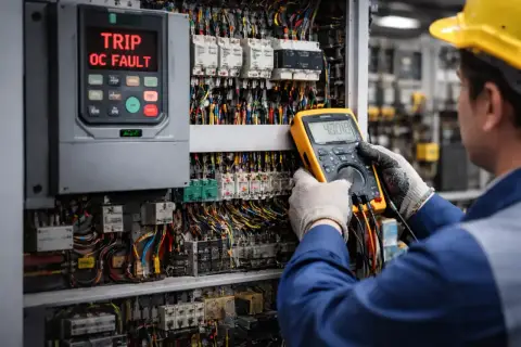 Technician performing VFD troubleshooting on a complex electrical panel, with a "TRIP OC FAULT" displayed.