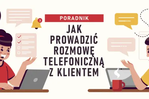 Poradnik: jak podtrzymać rozmowę telefoniczną z klientem. Dwie osoby z zestawami słuchawkowymi przy laptopach, komunikacja.