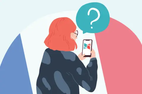 Kobieta z rudymi włosami trzyma smartfon z ikoną książki. Nad nią chmurka z pytajnikiem. Qu'est-ce que to znaczy?