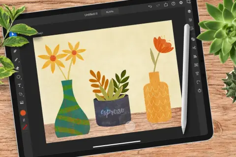 Adobe Illustrator auf dem iPad zeigt eine bunte Illustration von drei Vasen mit Blumen und Pflanzen.