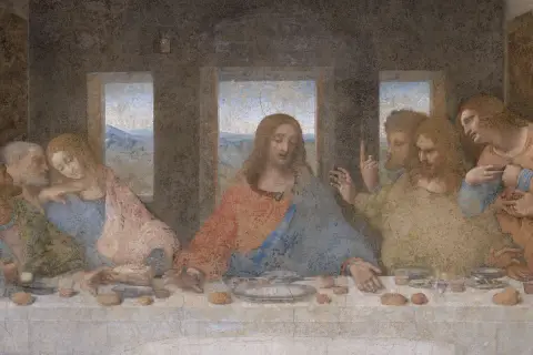 Leonardo da Vinci malte das letzte Abendmahl. Jesus und seine Jünger sitzen an einer Tafel.