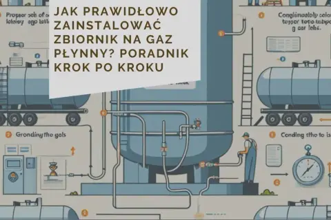 Ilustracja przedstawia schemat budowy instalacji gazowej, z naciskiem na prawidłowy montaż zbiornika na gaz płynny.