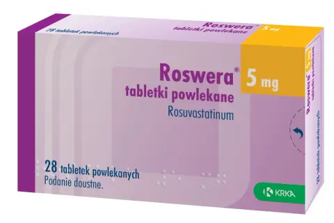 Opakowanie leku Roswera 5 mg, zawierające 28 tabletek powlekanych z rosuwastatyną.