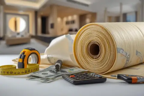 Rolka materiału izolacyjnego, miarka, kalkulator i banknoty. Obliczenia ile kosztuje termoizolacja budynku.