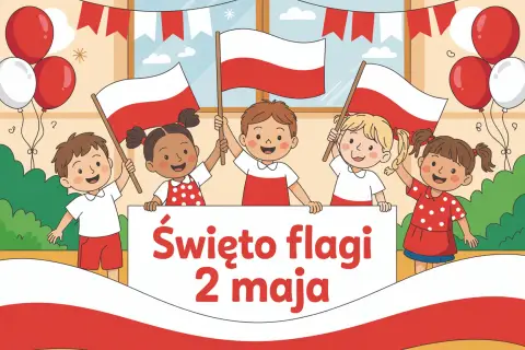 Dzieci świętują Dzień Flagi, trzymając polskie flagi i balony. Radosna atmosfera towarzyszy temu ważnemu dniu.