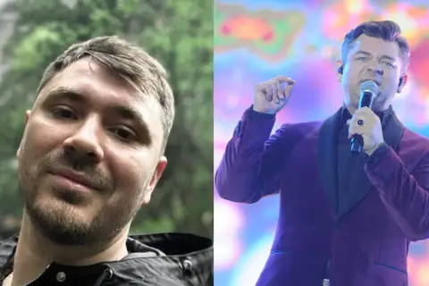 Dwa ujęcia: z lewej mężczyzna w kurtce na tle zieleni, z prawej Zenek Martyniuk w fioletowym garniturze śpiewa do mikrofonu.