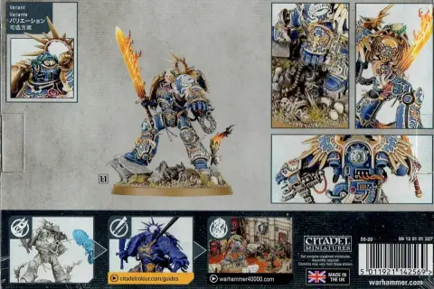 Roboute Guilliman w złotej zbroi z płonącym mieczem, gotowy do walki. Obok warianty malowania i sceny bitewne.
