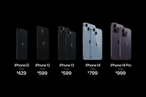 Linia iPhone'ów od SE do 14 Pro, z cenami. Premiera iPhone 14 w kolorze niebieskim i fioletowym.