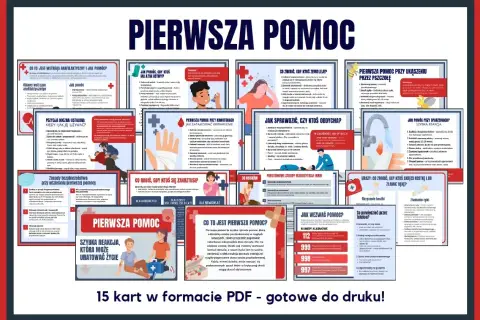 Pierwsza pomoc karty pracy dla dzieci. Zestaw 15 kart PDF z instrukcjami, jak reagować w nagłych wypadkach.