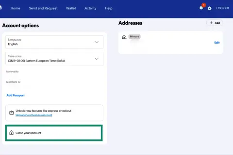 Opcje konta PayPal, gdzie można znaleźć opcję jak usunąć konto Paypo. Widoczna jest też sekcja adresów.