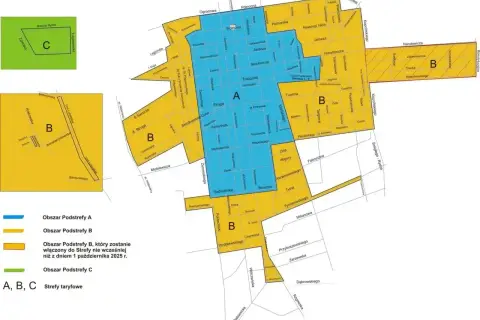 Mapa stref taryfowych w Łodzi: obszary A (niebieski), B (żółty) i C (zielony).