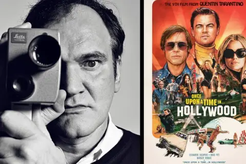 Quentin Tarantino håller en filmkamera. Bredvid syns filmaffischen för "Once Upon a Time in Hollywood".