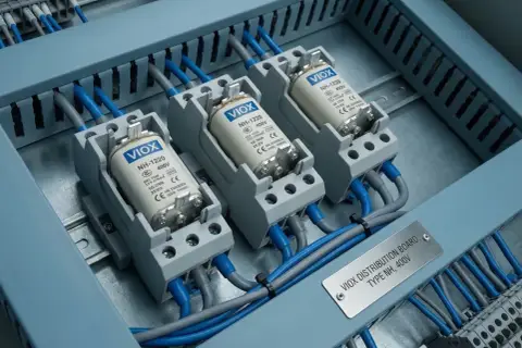 Rodzaje bezpieczników NH VIOX 400V w tablicy rozdzielczej.