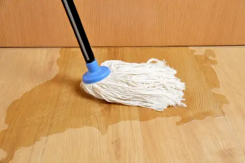 Mop na drewnianej podłodze, gdzie widać zalane panele na łączeniach. Woda rozlewa się po jasnym drewnie.