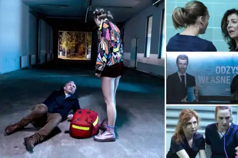 Sceny z serialu "Sortownia". Ile odcinków? W kadrach: mężczyzna leżący na ziemi, dwie kobiety w rozmowie, plakat z hasłem "Odzykaj własne życie" i zespół medyczny.