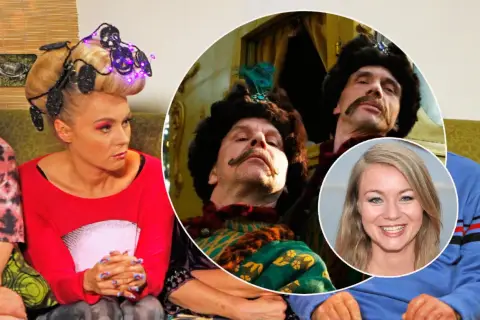 Anna Ilczuk z mężem w stylizacji na Kozaków. Kobieta ma ekstrawagancką fryzurę z lampkami.