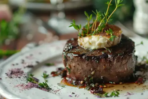Soczysty stek z wołowiny, ozdobiony serem i gałązkami tymianku. Tymianek do czego? Do podkreślenia smaku mięsa i dodania aromatu.