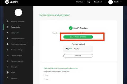 Ekran Spotify z opcją "Zmień lub anuluj" - jak zrezygnować ze Spotify Premium.