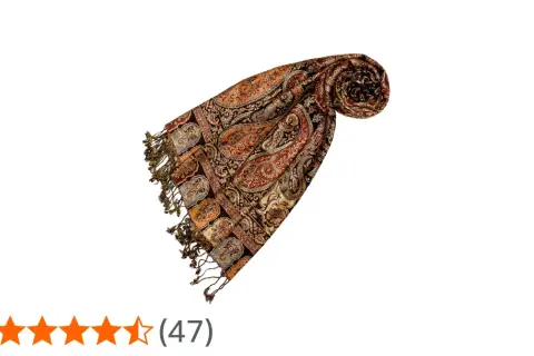 Elegancka pashmina z wzorem paisley w odcieniach brązu i pomarańczy, z frędzlami. Idealna na chłodniejsze dni.