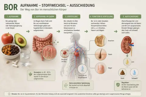 Bor wird über Nahrung aufgenommen, im Darm verarbeitet und im Körper verteilt. Die Bor-Wirkung zeigt sich in Knochen, Haaren und Nägeln, bevor es ausgeschieden wird.