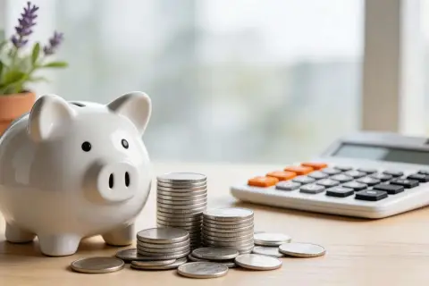 Skarbonka, monety i kalkulator symbolizują oszczędności i finanse, idealne dla firm szukających chwilówki.