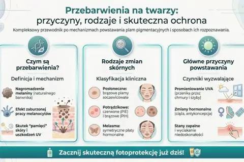 Przewodnik po przebarwieniach na twarzy: przyczyny, rodzaje zmian skórnych (posłoneczne, potrądzikowe, melasma) i skuteczne metody ochrony.
