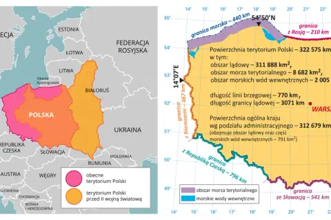 Mapa pokazuje, gdzie leży Polska, jej obecne i przedwojenne granice, sąsiadów oraz dane o powierzchni.