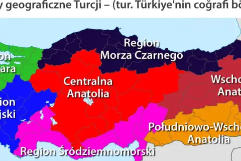 Mapa pokazuje, gdzie leży Turcja, podzielona na regiony: Morze Czarne, Centralna Anatolia, Południowo-Wschodnia Anatolia i Region Śródziemnomorski.