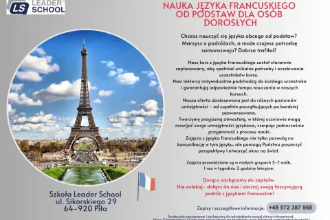 Wieża Eiffla i hasło "Nauka języka francuskiego od podstaw dla osób dorosłych". Lipiec po francusku to "juillet".