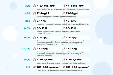 Tabela norm parametrów krwi: RBC, HGB, HCT, MCV, MCH, MCHC (średnie stężenie hemoglobiny w krwince), WBC, PLT.