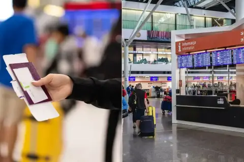 Ręka trzyma paszport i kartę pokładową, gotowa do odprawy online. W tle lotniskowy gwar.