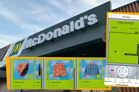 McDonald's z ofertą ubrań w stylu Y2K. Na ekranie telefonu gra "Pełzacz", a obok wirtualne przedmioty: kapelusz, long, kamizelka i kurtka.