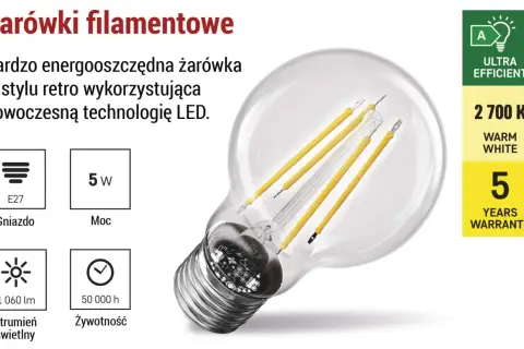 Energooszczędna żarówka LED w stylu retro, e27, 5W, 2700K, 1060 lm, 50 000h żywotności, 5 lat gwarancji.