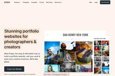 Stwórz profesjonalne portfolio online, rozwijaj swój biznes fotograficzny z Pixpa. Łatwy sposób na prezentację prac.