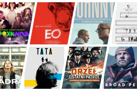 Kolaż plakatów filmowych, w tym "Apokawixa", "EO", "Johnny", "Chleb i sól", "Zadra", "Tata", "Orzeł ostatni patrol" i "Broad Peak" - przegląd najpopularniejszych polskich filmów.